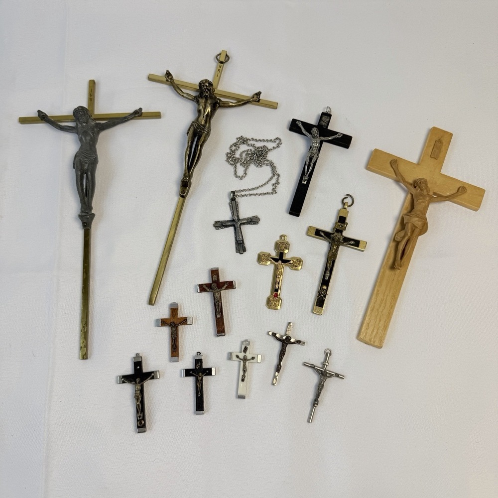 Lot of 14 Crosses Necklace Pendants Wall Decor Silver Gold Wood Religious Mixed